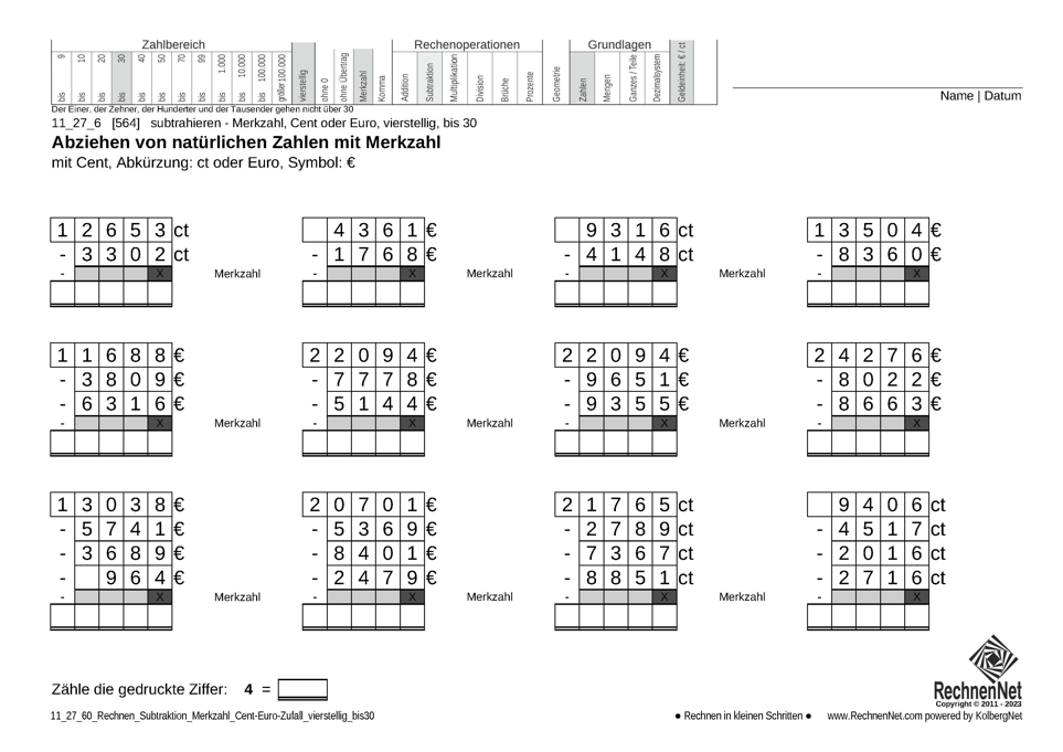 11_27_6 Rechnen Subtraktion Merkzahl Cent-Euro vierstellig bis30