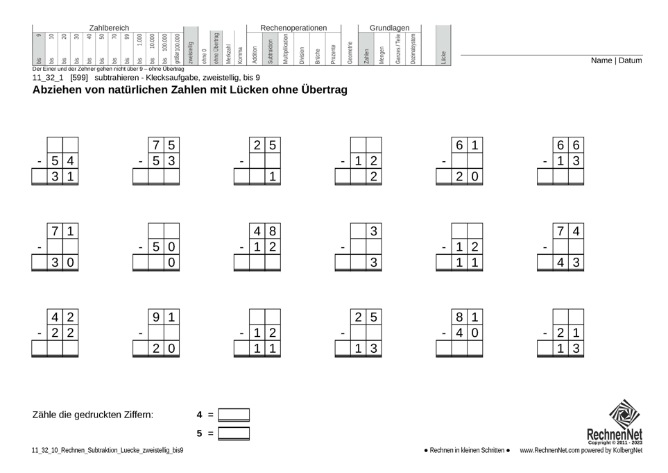 11_32_1 Rechnen Subtraktion Lücke zweistellig bis9