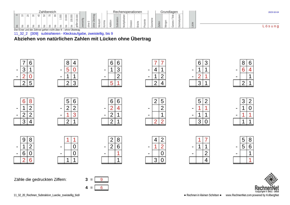 Lösung: 11_32_2 Rechnen Subtraktion Lücke zweistellig bis9