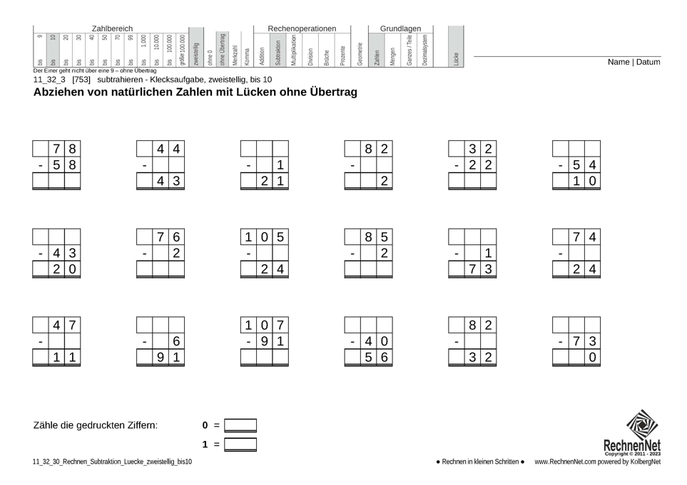 11_32_3 Rechnen Subtraktion Lücke zweistellig bis10