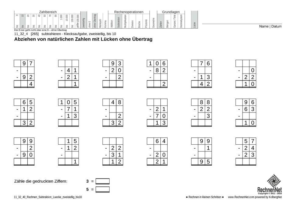 11_32_4 Rechnen Subtraktion Lücke zweistellig bis10