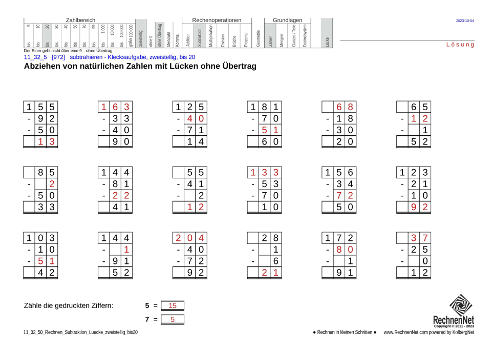 Lösung: 11_32_5 Rechnen Subtraktion Lücke zweistellig bis20