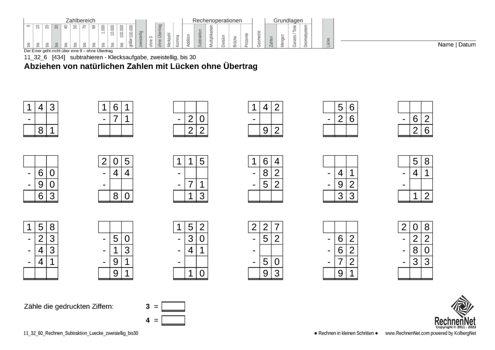 11_32_6 Rechnen Subtraktion Lücke zweistellig bis30