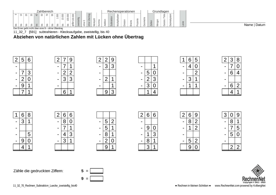 11_32_7 Rechnen Subtraktion Lücke zweistellig bis40