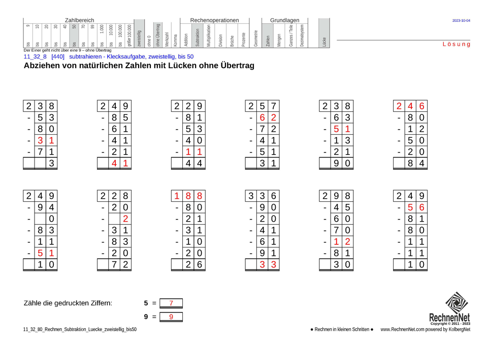 Lösung: 11_32_8 Rechnen Subtraktion Lücke zweistellig bis50