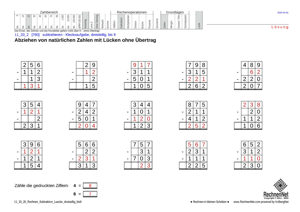Lösung: 11_33_2 Rechnen Subtraktion Lücke dreistellig bis9