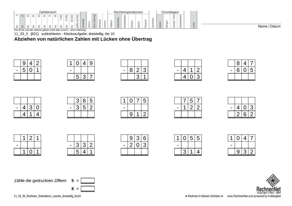 11_33_3 Rechnen Subtraktion Lücke dreistellig bis10