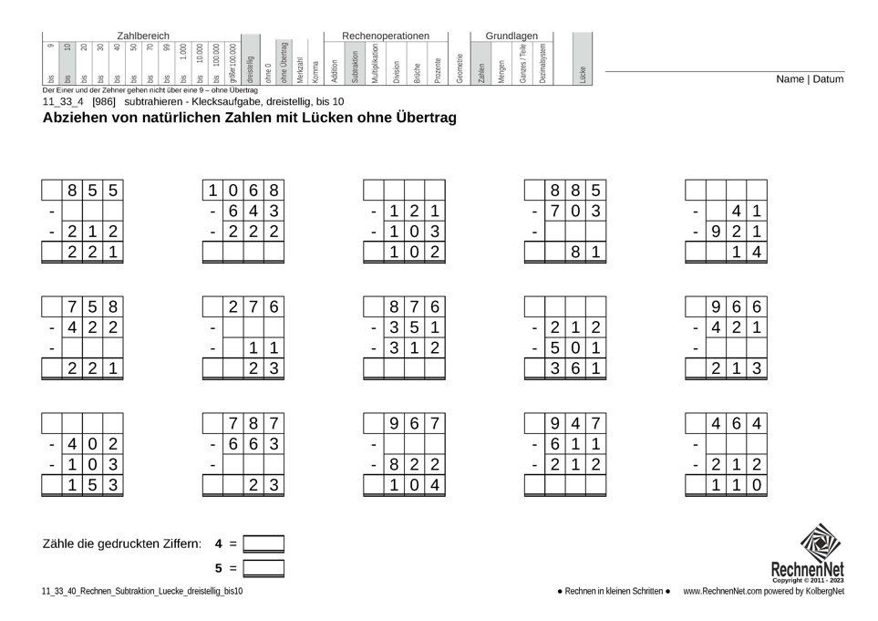 11_33_4 Rechnen Subtraktion Lücke dreistellig bis10