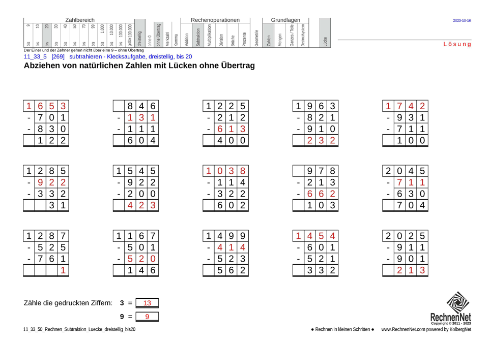 Lösung: 11_33_5 Rechnen Subtraktion Lücke dreistellig bis20