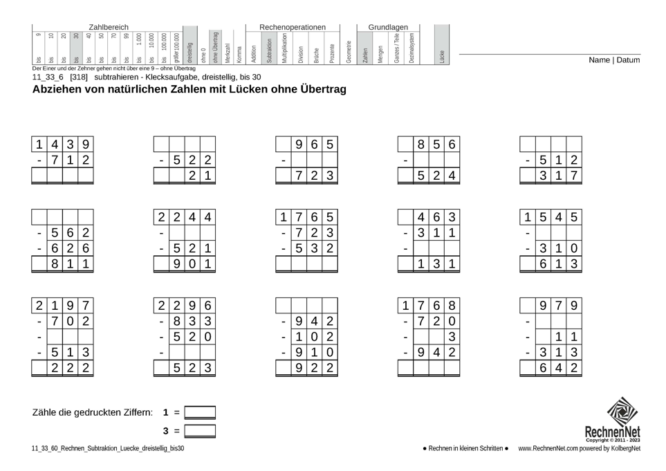11_33_6 Rechnen Subtraktion Lücke dreistellig bis30