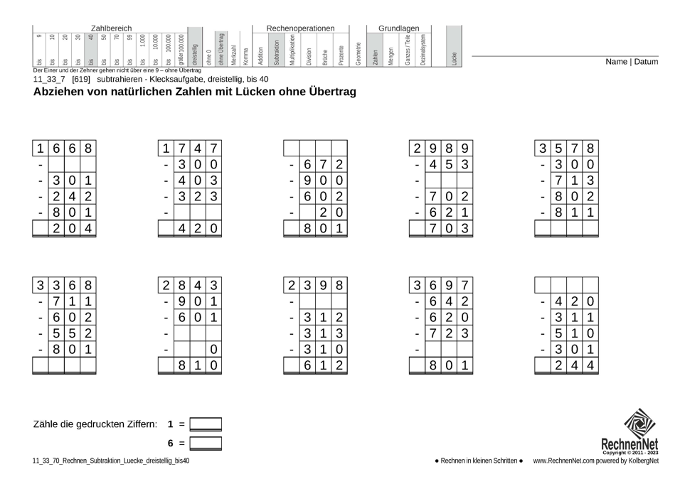 11_33_7 Rechnen Subtraktion Lücke dreistellig bis40