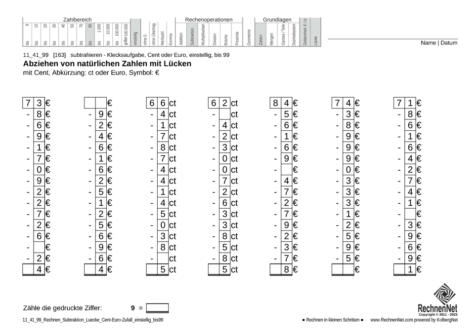 11_41_9 Rechnen Subtraktion Lücke Cent-Euro einstellig bis99