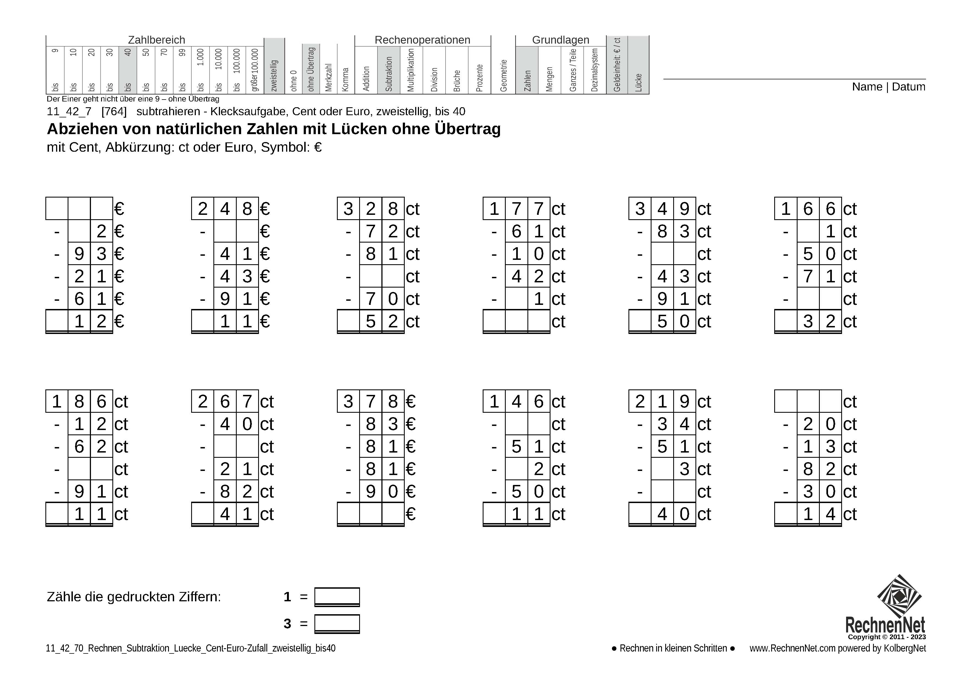11_42_7 Rechnen Subtraktion Lücke Cent-Euro zweistellig bis40