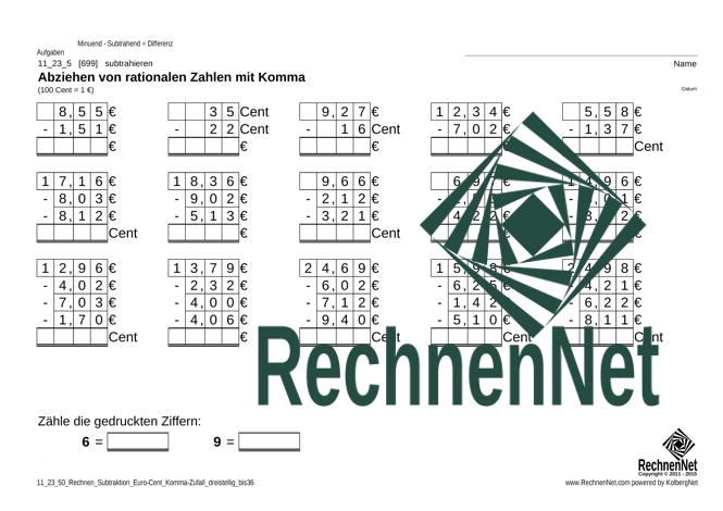 11_53_5 Rechnen Subtraktion Euro-Cent Komma dreistellig_bis36