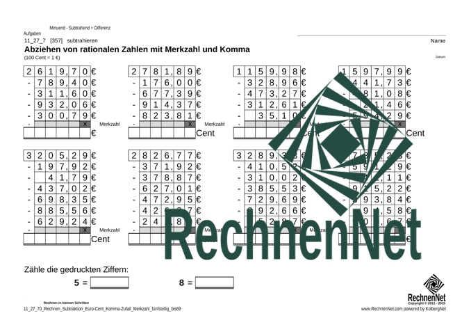 11_57_7 Rechnen Subtraktion Euro-Cent Komma Merkzahl fünfstellig_bis69