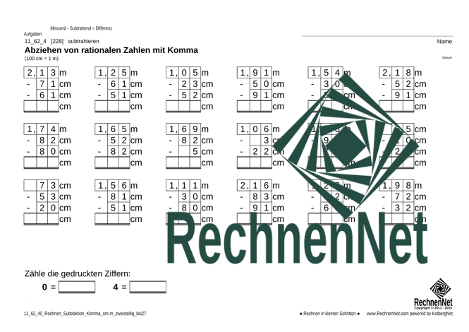 11_62_4 Rechnen Subtraktion Komma cm-m zweistellig_bis27
