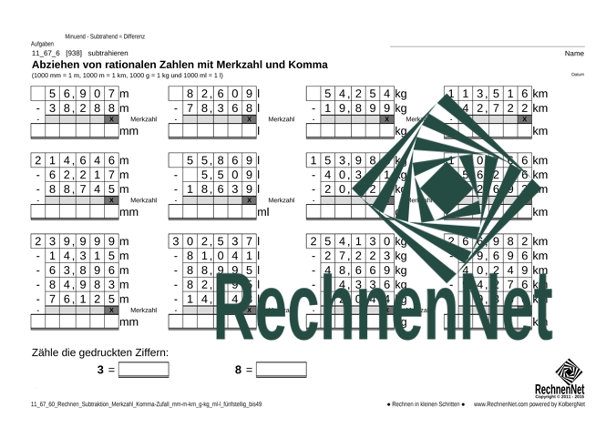11_67_6 Rechnen Subtraktion Merkzahl Komma mm-m-km g-kg ml-l fünfstellig_bis49
