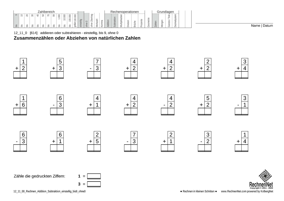 12_11_0 Rechnen Addition Subtraktion einstellig bis9 ohne0