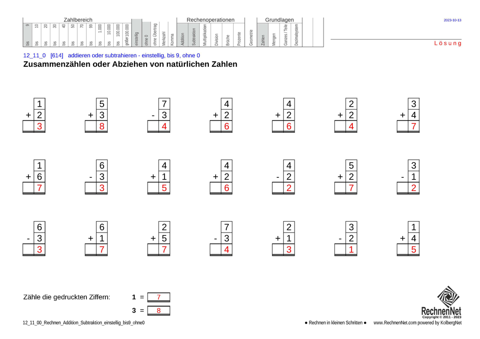 Lösung: 12_11_0 Rechnen Addition Subtraktion einstellig bis9 ohne0