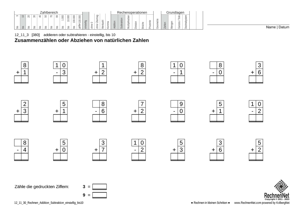 12_11_3 Rechnen Addition Subtraktion einstellig bis10