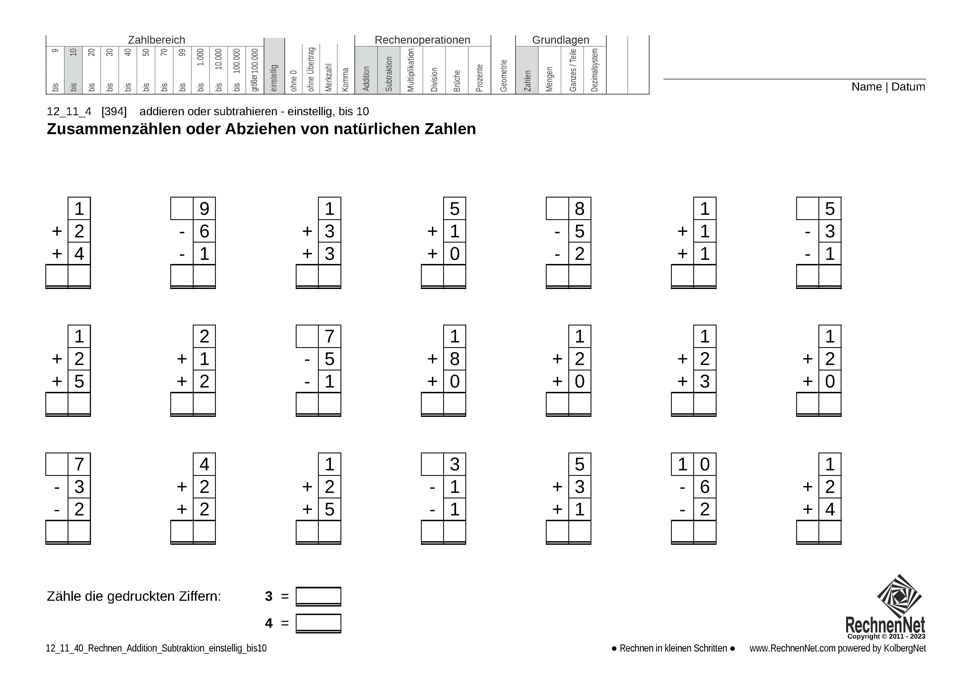 12_11_4 Rechnen Addition Subtraktion einstellig bis10