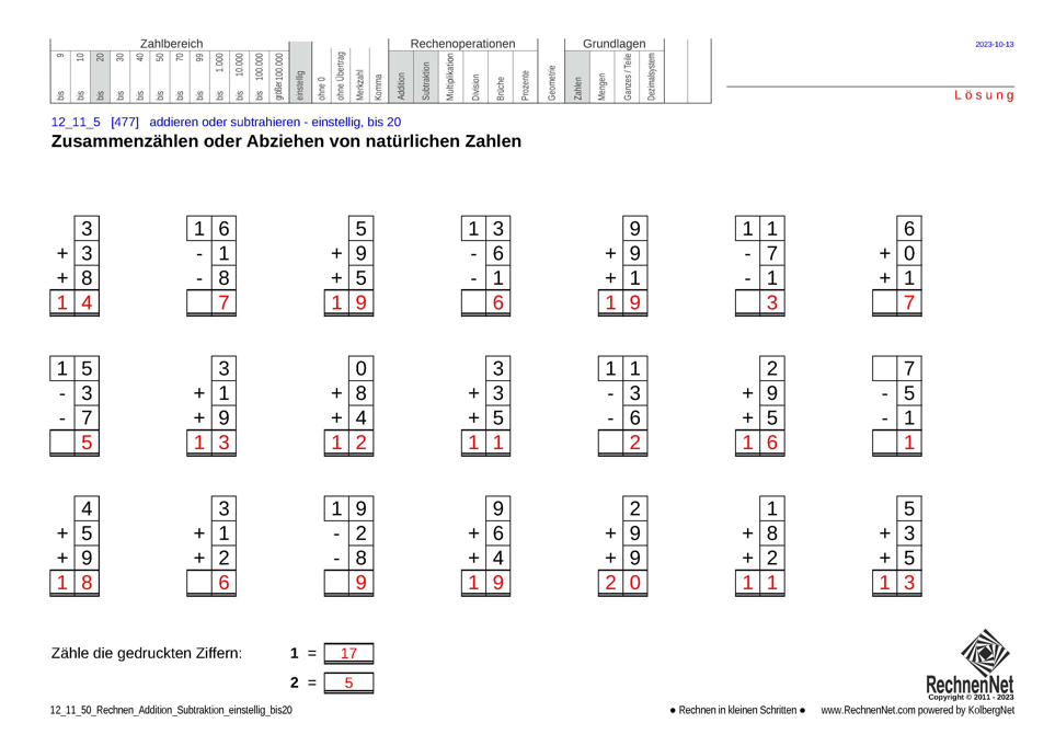 Lösung: 12_11_5 Rechnen Addition Subtraktion einstellig bis20
