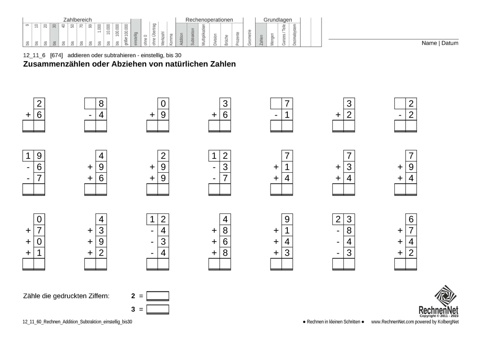 12_11_6 Rechnen Addition Subtraktion einstellig bis30