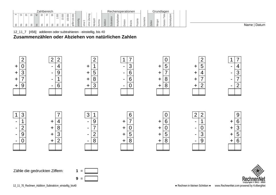 12_11_7 Rechnen Addition Subtraktion einstellig bis40