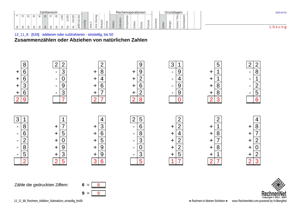 Lösung: 12_11_8 Rechnen Addition Subtraktion einstellig bis50