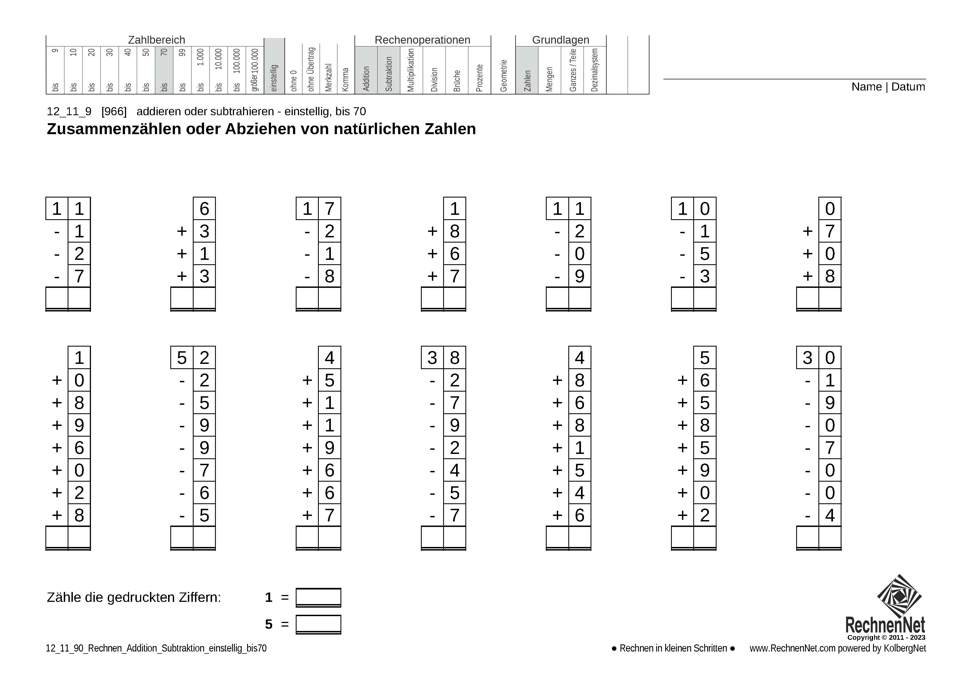12_11_9 Rechnen Addition Subtraktion einstellig bis70