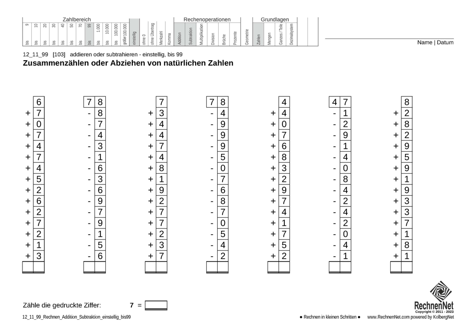 12_11_9 Rechnen Addition Subtraktion einstellig bis99