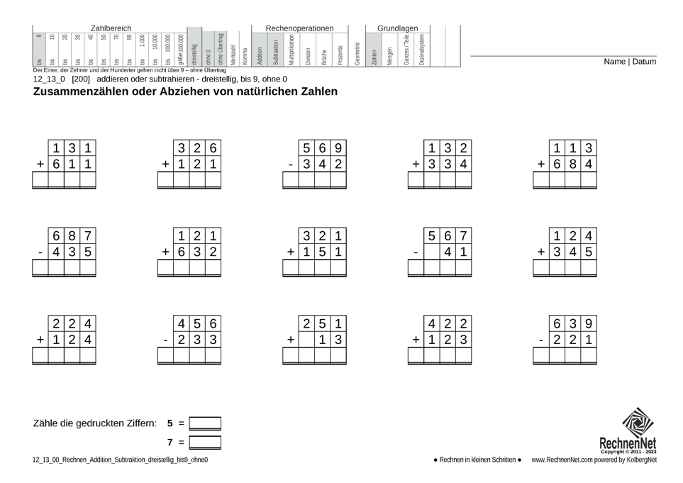 12_13_0 Rechnen Addition Subtraktion dreistellig bis9 ohne0