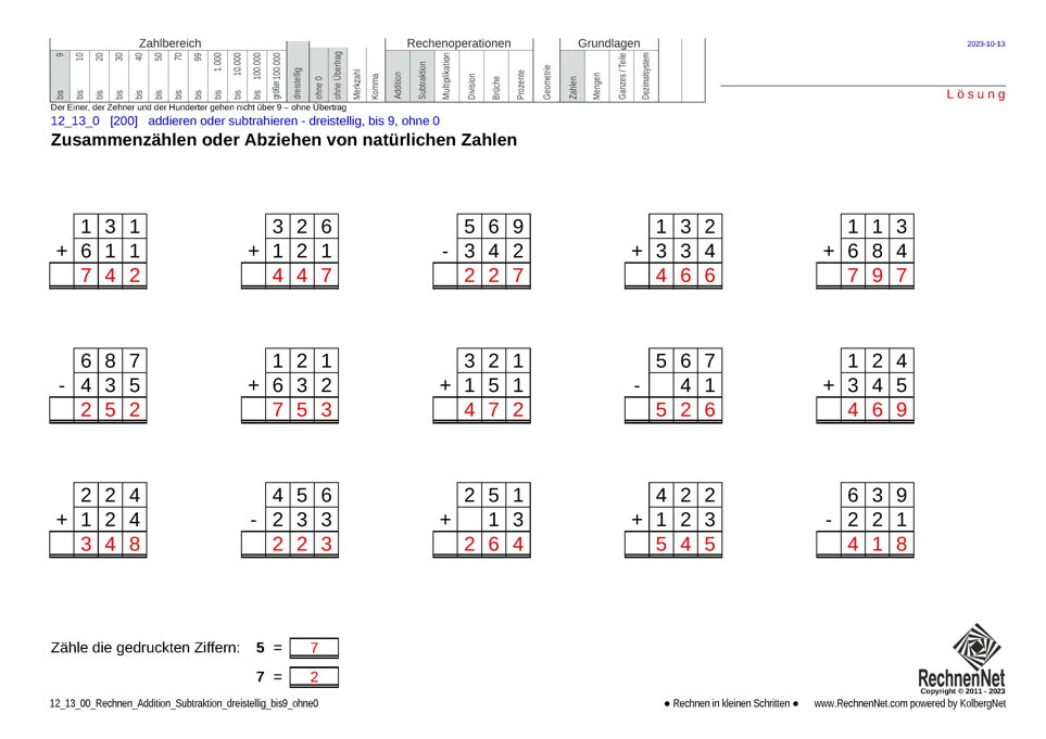 Lösung: 12_13_0 Rechnen Addition Subtraktion dreistellig bis9 ohne0