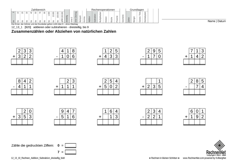 12_13_1 Rechnen Addition Subtraktion dreistellig bis9