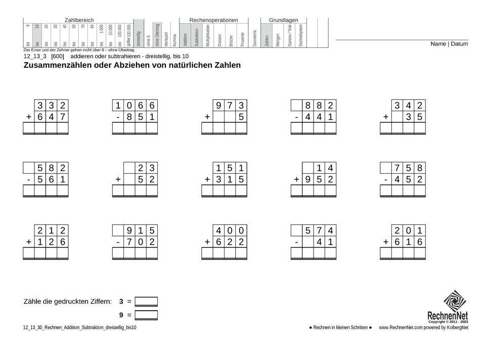 12_13_3 Rechnen Addition Subtraktion dreistellig bis10