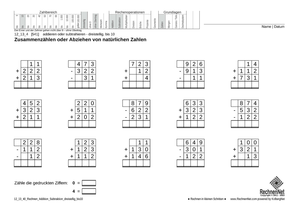 12_13_4 Rechnen Addition Subtraktion dreistellig bis10