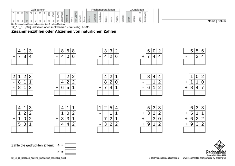 12_13_6 Rechnen Addition Subtraktion dreistellig bis30