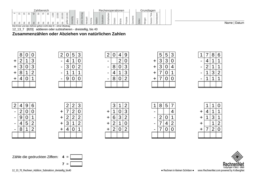 12_13_7 Rechnen Addition Subtraktion dreistellig bis40