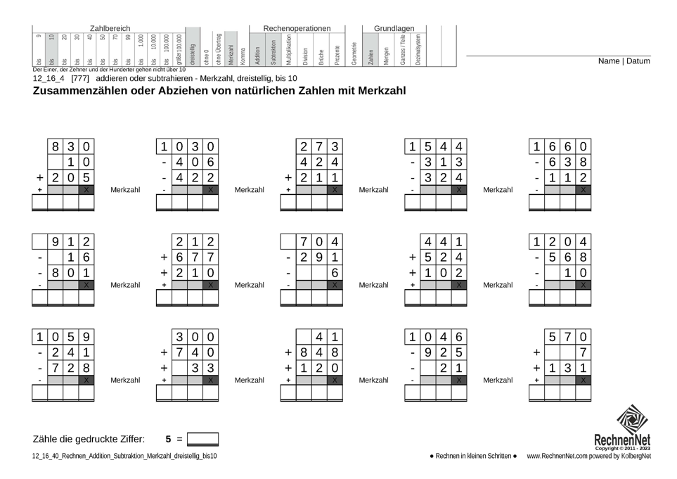 12_16_4 Rechnen Addition Subtraktion Merkzahl dreistellig bis10