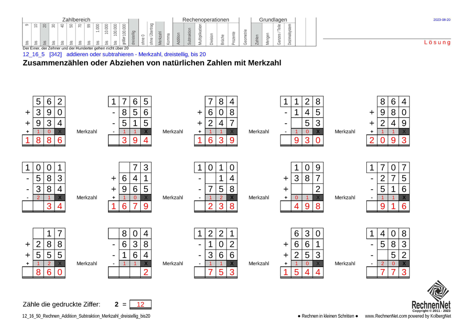  Lösung: 12_16_5 Rechnen Addition Subtraktion Merkzahl dreistellig bis20