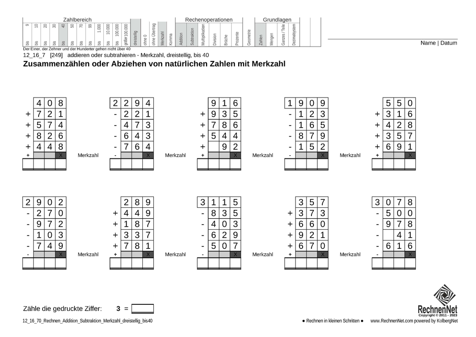 12_16_7 Rechnen Addition Subtraktion Merkzahl dreistellig bis40