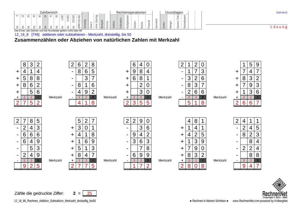  Lösung: 12_16_8 Rechnen Addition Subtraktion Merkzahl dreistellig bis50