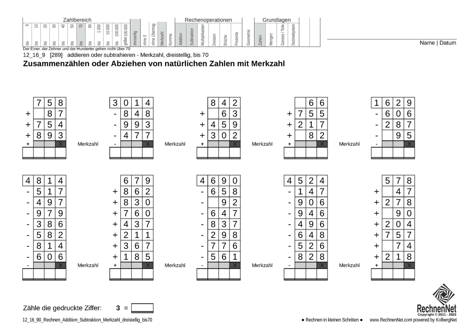 12_16_9 Rechnen Addition Subtraktion Merkzahl dreistellig bis70