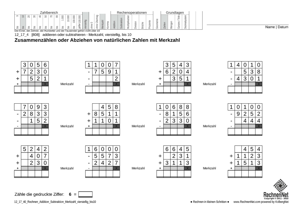 12_17_4 Rechnen Addition Subtraktion Merkzahl vierstellig bis10