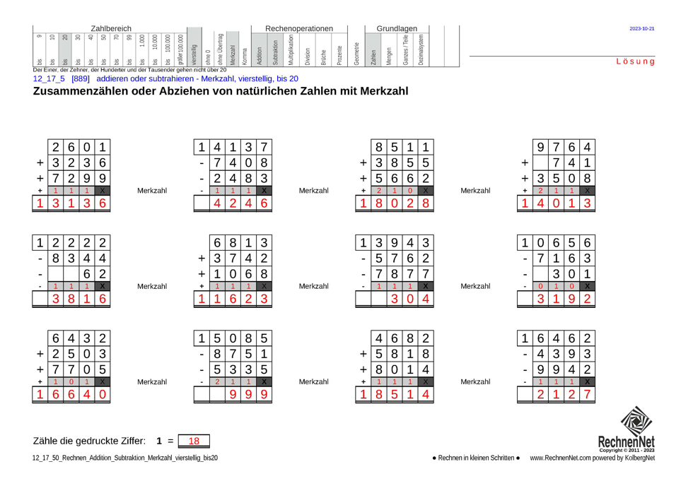Lösung: 12_17_5 Rechnen Addition Subtraktion Merkzahl vierstellig bis20