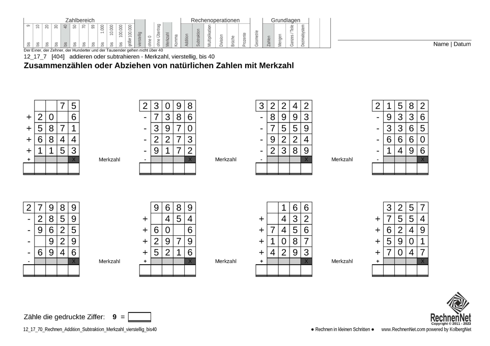 12_17_7 Rechnen Addition Subtraktion Merkzahl vierstellig bis40