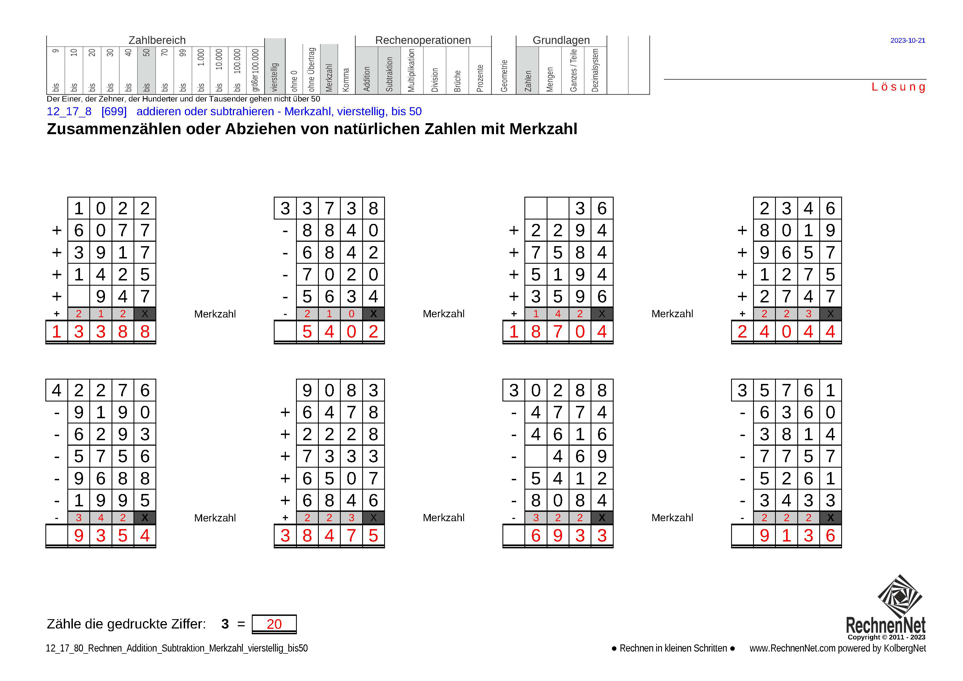 Lösung: 12_17_8 Rechnen Addition Subtraktion Merkzahl vierstellig bis50