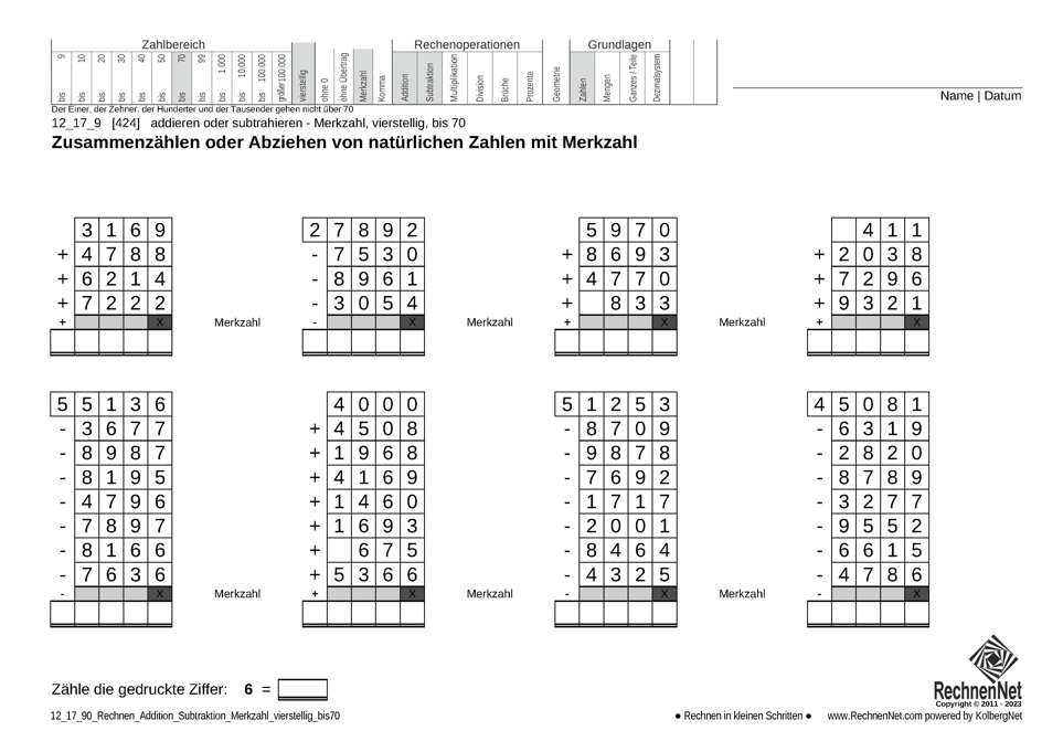 12_17_9 Rechnen Addition Subtraktion Merkzahl vierstellig bis70