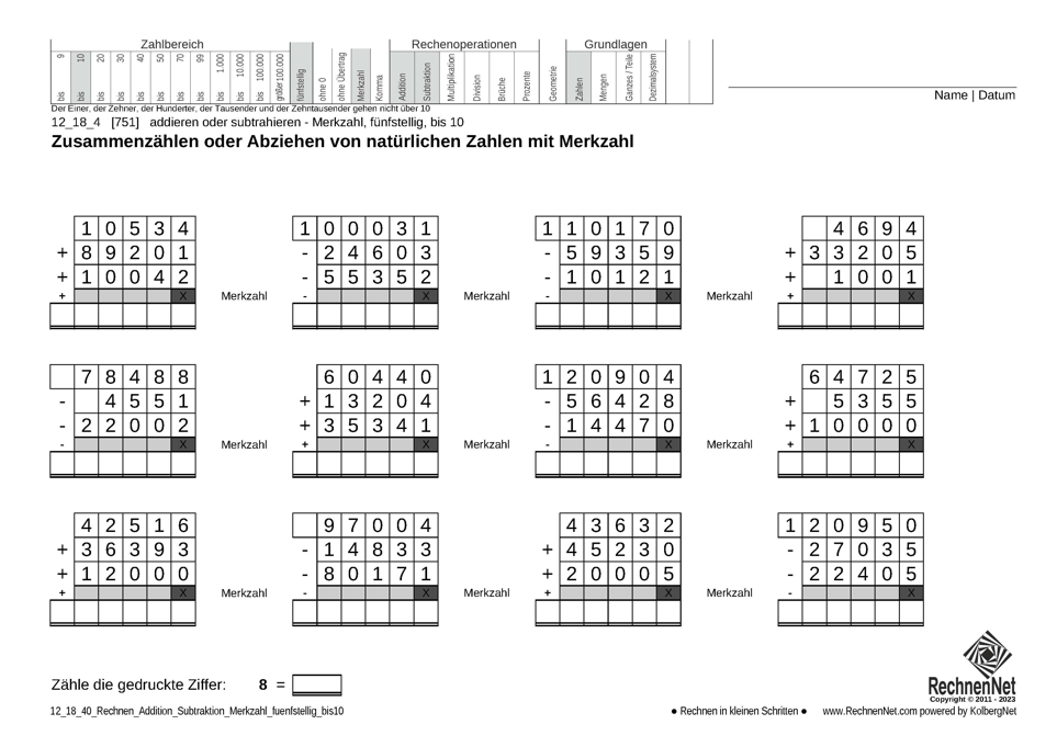 12_18_4 Rechnen Addition Subtraktion Merkzahl fünfstellig bis10