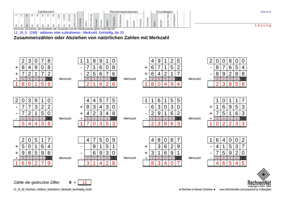 Lösung: 12_18_5 Rechnen Addition Subtraktion Merkzahl fünfstellig bis20